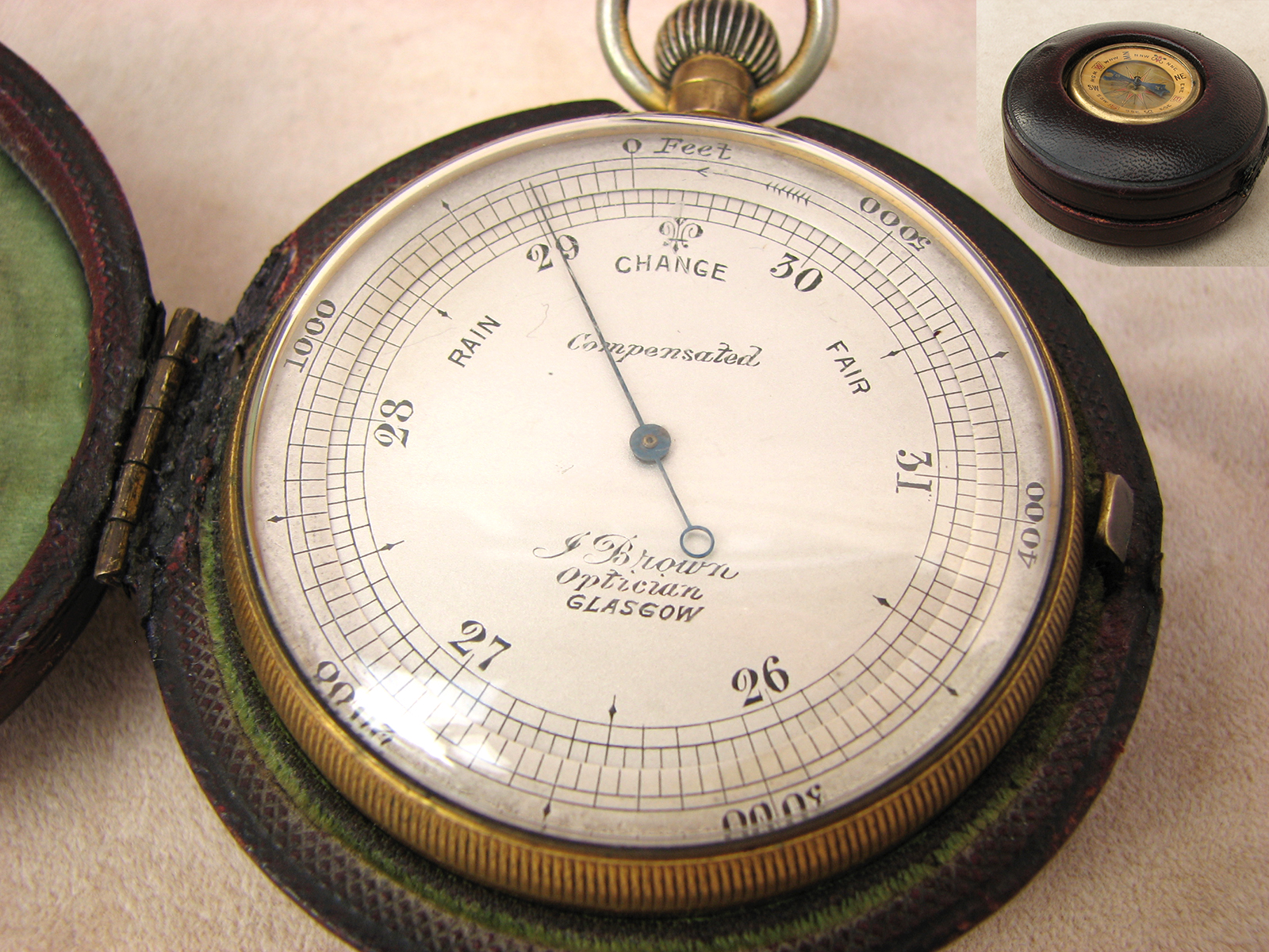 James Brown Victorian pocket barometer and compass compendium in case